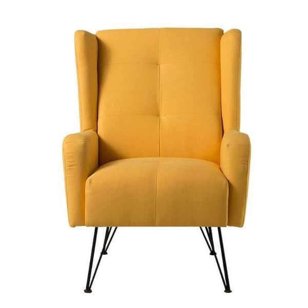 Benjara Yellow Fabric Accent Chair with Metal Hairpin Legs