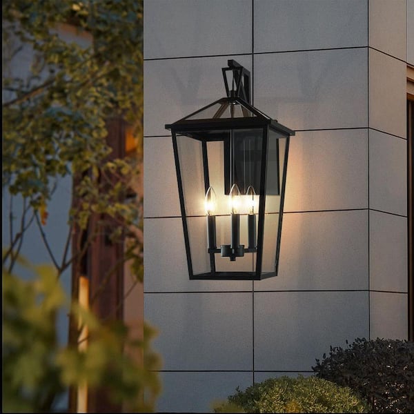 H 22 in. 3-Light Classic Large Outdoor Wall Lantern Matte Black Exterior Wall Sconce with Clear Tempered Glass