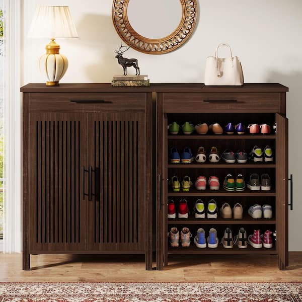 43 in. H x 32 in. W Rustic Brown Wood Shoe Storage Cabinet with Adjustable Shelves and Drawer for Entryway, Closet