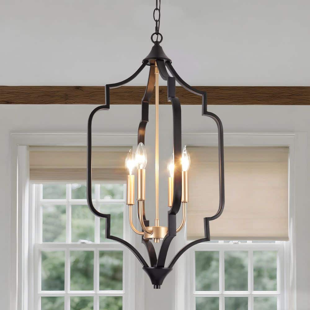 Zevni 15 in. 4-Light Black and Gold Cage Chandelier, Classic DIY