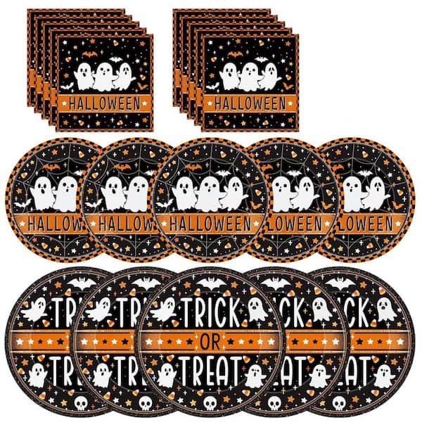 150-Piece Halloween Trick or Treat Ghost Disposable Paper Tableware Set with Dinner Dessert Plates, Napkins for 50