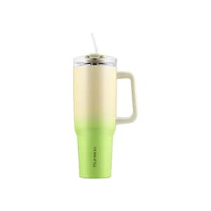 40 oz. Insulated White/Green Gradient Leak Proof Double Walled Stainless Steel Tumbler with Handle and Straw,