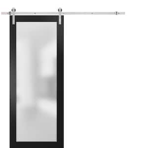 24 in. x 80 in. Full Lite Frosted Glass Black Finished Solid Pine Wood Sliding Barn Door with Hardware Kit