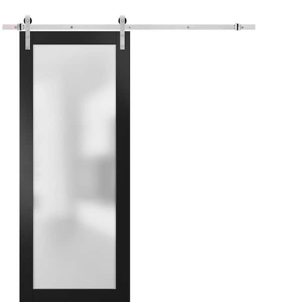 Sartodoors 32 in. x 80 in. Full Lite Frosted Glass Black Finished Solid Pine Wood Sliding Barn Door with Hardware Kit