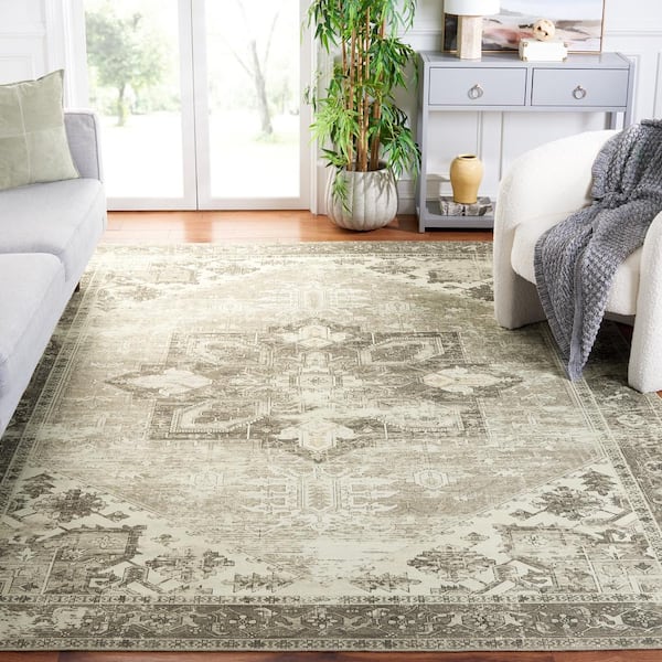 Tucson Sage/Ivory 9 ft. x 9 ft. Machine Washable Distressed Ornate Border Square Area Rug