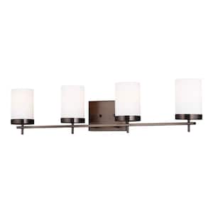 Zire 34 in. W 4-Light Brushed Oil Rubbed Bronze Bathroom Vanity Light with Etched White Glass Shades