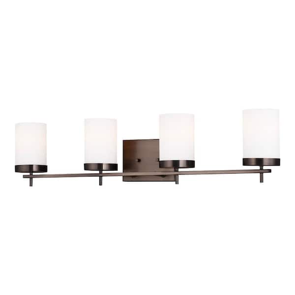 Generation Lighting Zire 34 in. W 4-Light Brushed Oil Rubbed Bronze Bathroom Vanity Light with Etched White Glass Shades