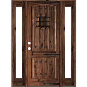 70 in. x 96 in. Mediterranean Knotty Alder Right-Hand/Inswing Clear Glass Red Mahogany Stain Wood Prehung Front Door