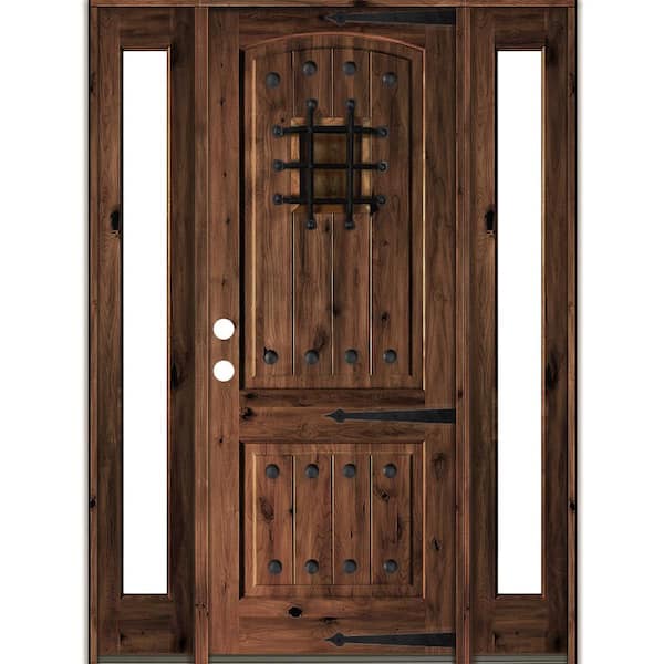 Krosswood Doors 76 in. x 96 in. Mediterranean Knotty Alder Right-Hand/Inswing Clear Glass Red Mahogany Stain Wood Prehung Front Door