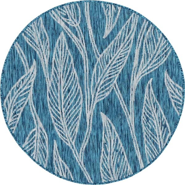 Unique Loom Outdoor Leaf Teal 4 ft. Round Area Rug