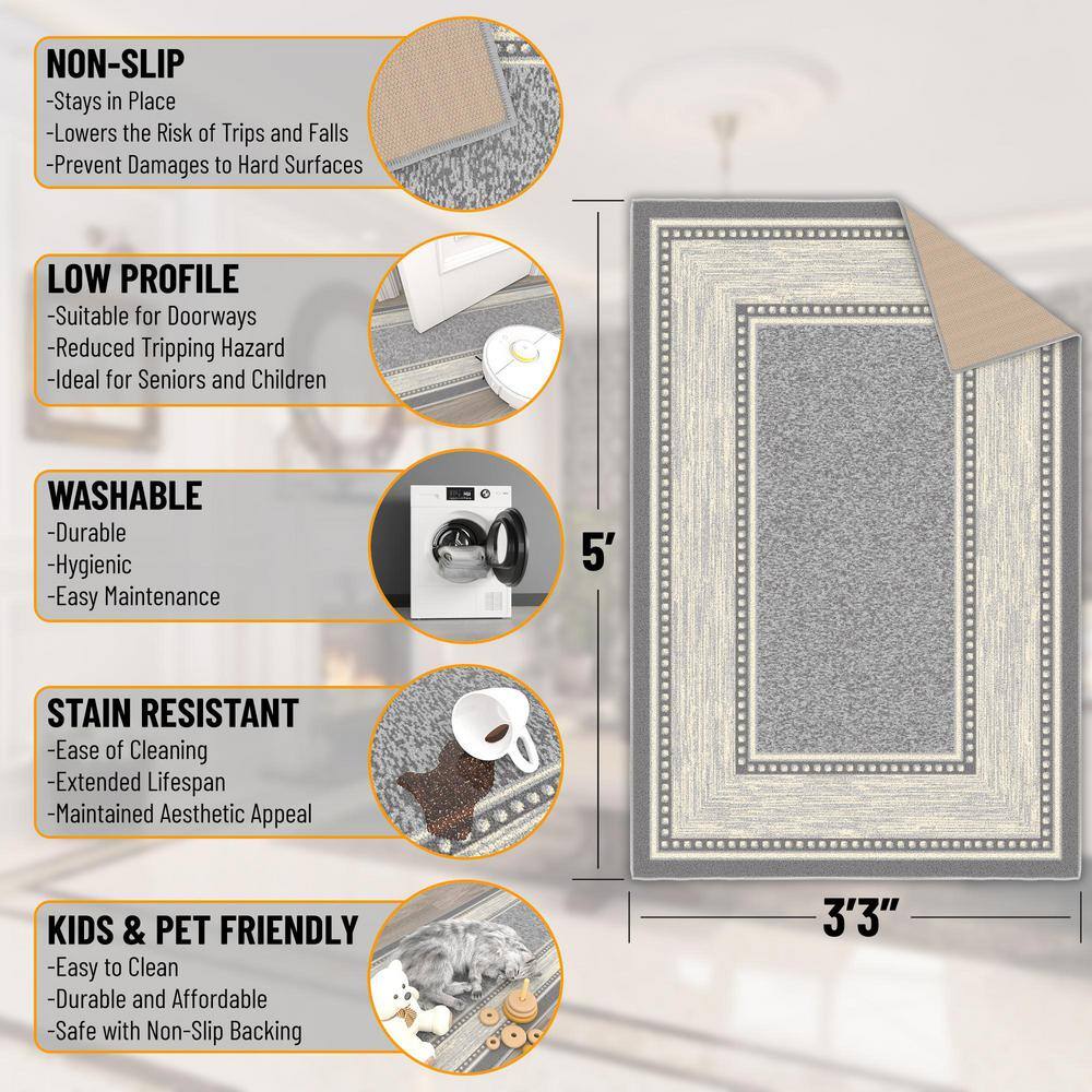Light Gray Rectangular Synthetic Washable Area Rug