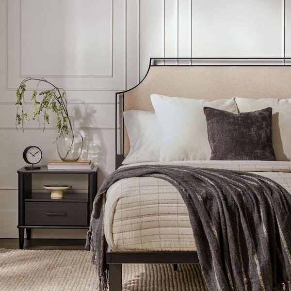 Transitional Beige Metal Frame Queen Platform Bed with Upholstered Headboard