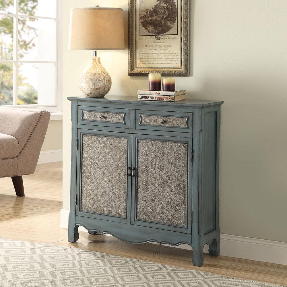 Antique Blue Wood and Metal Console Table with Storage