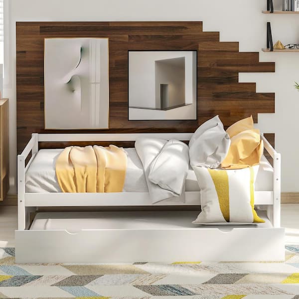 ANBAZAR White Twin Size Daybed with Trundle, Wooden Daybed Frame, Wood Twin Daybed with Trundle