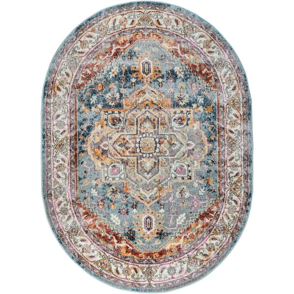 Tayse Rugs Wakefield Oriental Denim 5 ft. x 8ft. Oval Indoor Area Rug