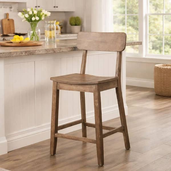 Torino 39 in. H Barnwood Wire - Brush Open Back Wood 24 in. Bar Stool with Wood Seat
