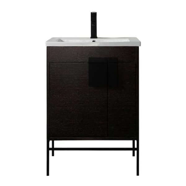 FINE FIXTURES Shawbridge 24 in. W x 18.11 in. D x 33.5 in. H Bath Vanity in Black Oak Straight Grain with Ceramic Vanity Top in White