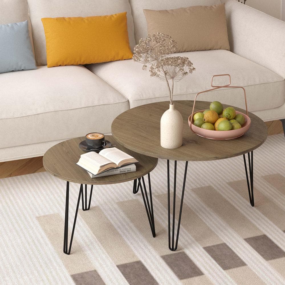 Rustic Brown Round Nesting Coffee Table Set with MDF Top