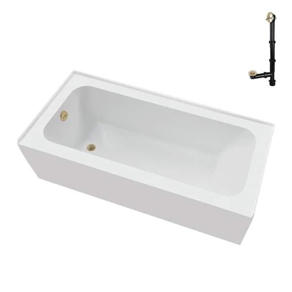 Streamline 60 in. x 30 in. Soaking Acrylic Alcove Bathtub with Left Drain in Glossy White, External Drain in Polished Brass