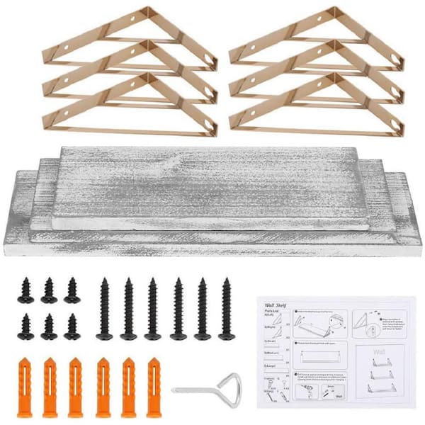 Oumilen 3-Piece Set Floating Shelf Wall-Mounted, Wooden Hanging Home Decoration with Golden Metal Bracket