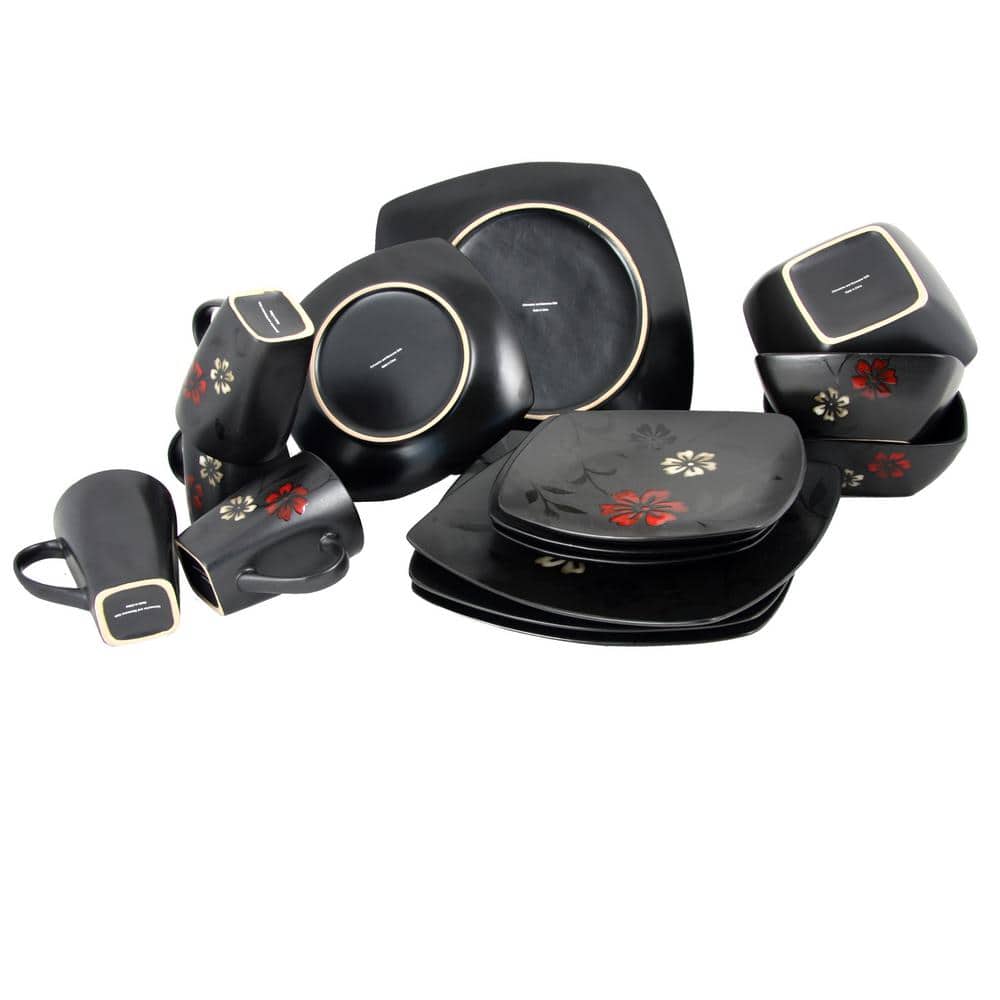 Black Ceramic Square Floral Dinnerware Set, Service for 4