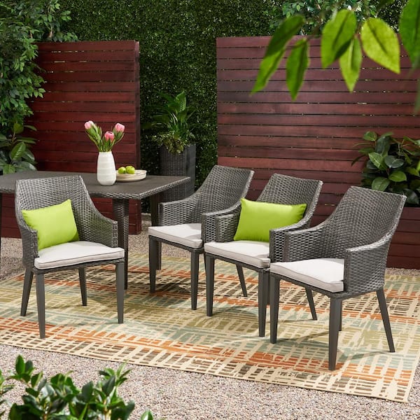 Noble House Hillhurst Grey Removable Cushions Faux Rattan Outdoor Dining Chair with Light Grey Cushions (4-Pack)