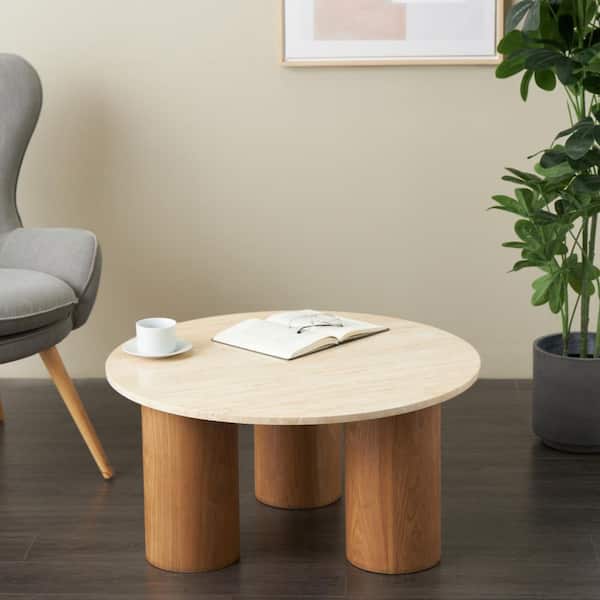 Litton Lane 32 in. Brown Medium Round Wood Coffee Table with Beige Marble Top