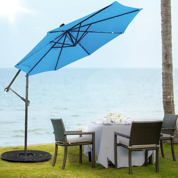 FORCLOVER 10 ft. Metal Cantilever Patio Umbrella with 32 LED Lights and Tilting System in Blue
