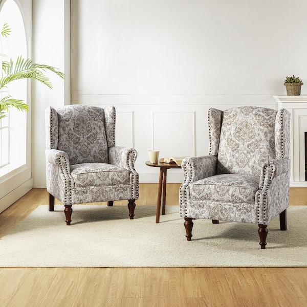 JAYDEN CREATION Gille Traditional Beige Upholstered Wingback Accent Chair with Spindle Legs (Set of 2)