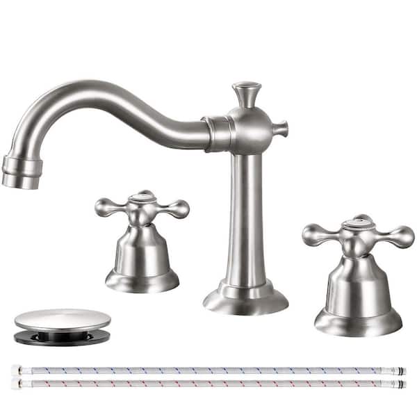Double Handle 8 in. Widespread Bathroom Faucet 3 Hole Bathroom Sink Faucet with Pop-Up Drain in Brushed Nickel