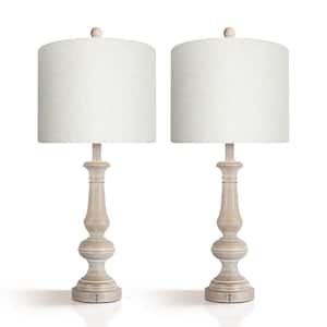27 in. Light Brown Resin Bedside Table Lamp Set with Linen Fabric Shade and USB Port, Type-c Port (set of 2)