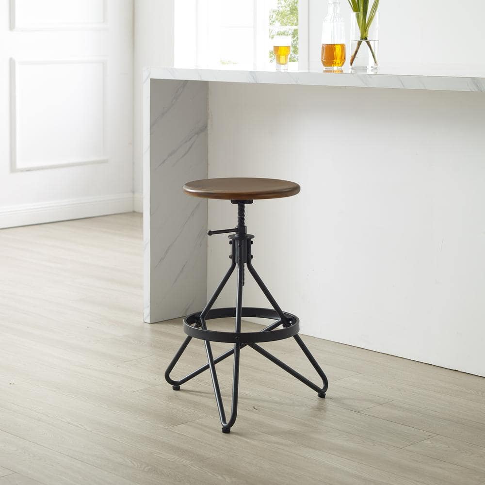 Kalen Brown Wood and Matte Black Metal Adjustable Swivel Barstool Set