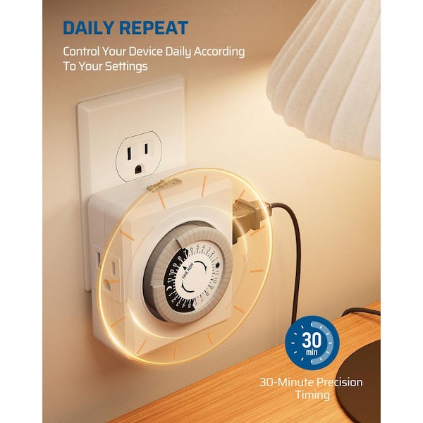 24 Hour Cycle Plug-in Mechanical Countdown Indoor Timer for Electrical Outlets, 30-Minute Intervals, 2 Pack