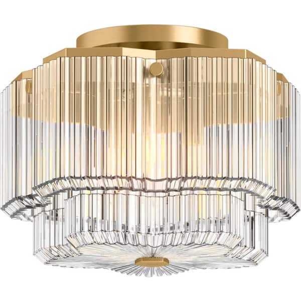 KOHLER Occasion 14.89 in. 3-Light Brushed Moderne Brass Flush Mount