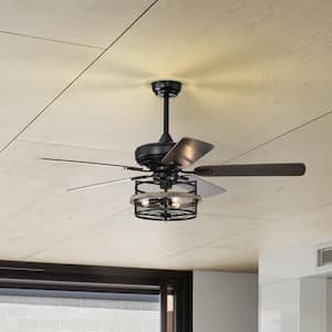 Farmhouse 52 in. Indoor Black Ceiling Fan with Industrial Cage Lampshade, 2-Color-Option Blades and Remote Included