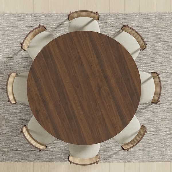 Cone Walnut Colored Wood 60" Column Base Wide Strip Under Beveled Cut Edge Dining Table for 8