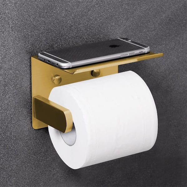 Wall Mounted Self Adhesive Stainless Steel Toilet Paper Holder Paper Roll  Hanger with Phone Shelf in Gold