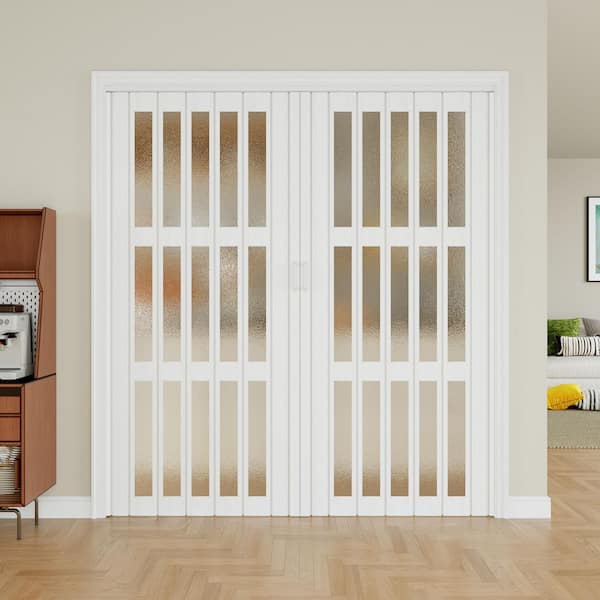 ARK DESIGN Blackout Door 72 in. x 80 in. White Dual 3-Lite PVC Accordion Door with Frosted Acrylic Glass with Hardware Kit