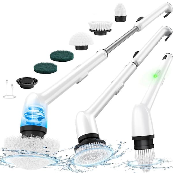 Electric Spin Scrubber Scrub Brush IPx 7 Waterproof Bathroom Cleaner with Long Handle, 2-Speeds and 5 Brush Heads, White