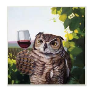 "Great Horned Owl Drinking Red Wine Vineyard Bird" by Lucia Heffernan Unframed Animal Wood Wall Art Print 12 in x 12 in
