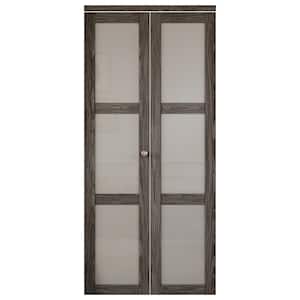 36 in. x 80.5 in. 3-Lite Tempered Frosted Glass Solid Core Dark Brown Finished Bi-Fold Door with Hardware