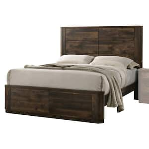 Brown Wooden Frame Queen Platform Bed with Panel Design Headboard