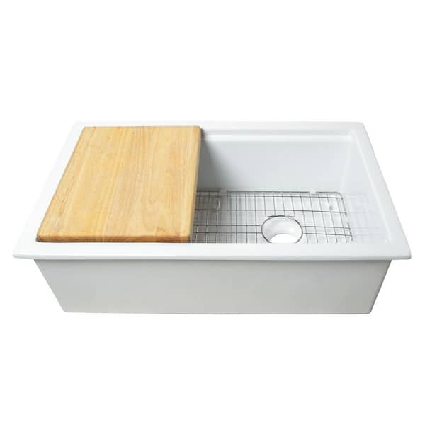 Eden 32 in. White Undermount Fireclay Single Bowl Workstation Kitchen Sink with Cutting Board and Bottom Grid