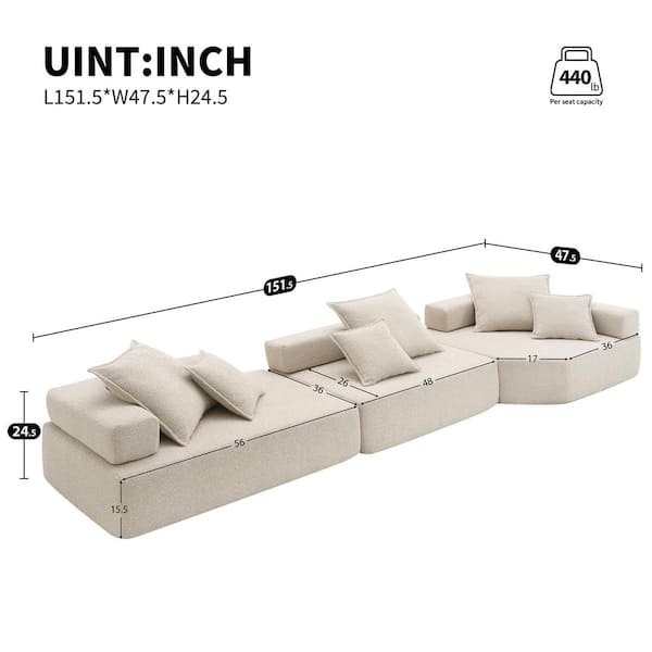 151.5 in. Square Arm Fabric Rectangle Sofa with Free Combination in Beige (3-Pieces)