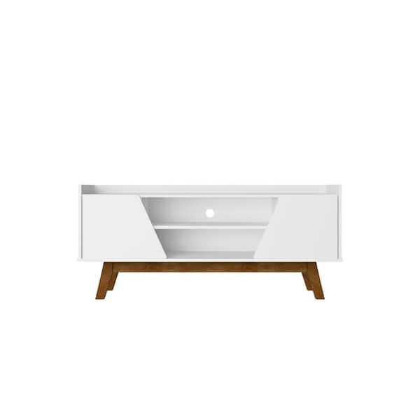 Manhattan Comfort Marcus White Mid-Century Modern TV Stand Fits TVs Up to 55 in. with Solid Wood Legs