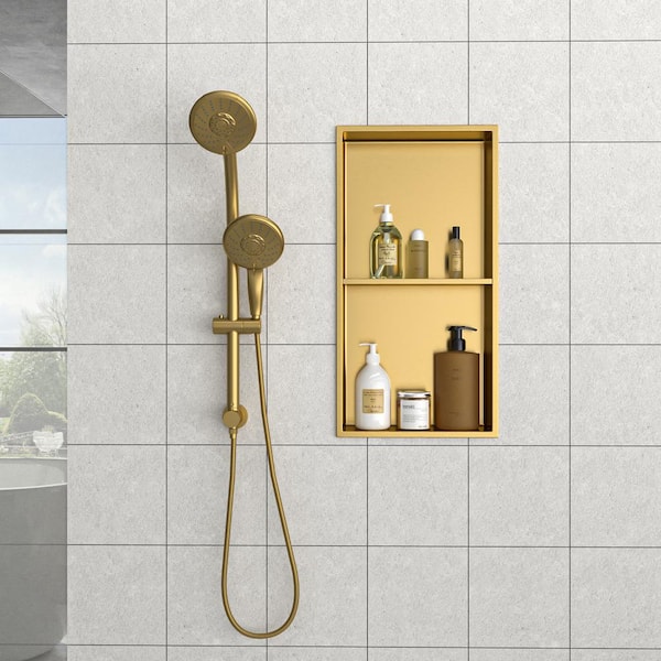 13 in. x 25 in. Gold Stainless Steel Wall Mounted Shower Niche Double Shelf