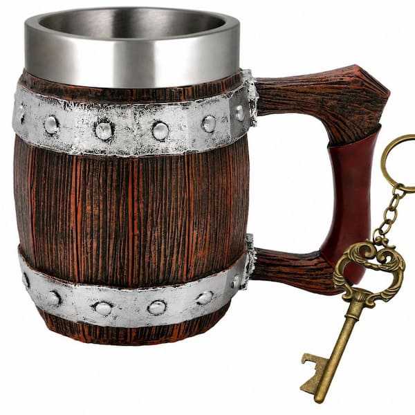 KHKFY Stainless Steel Norse Viking Wooden-Barrel Beer Mug 21 oz
