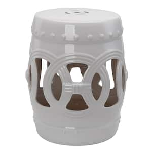 13.5 in. x 17.25 in. White Ceramic Garden Stool with Double-Coin Knotted Ring Design, Decorative End Table