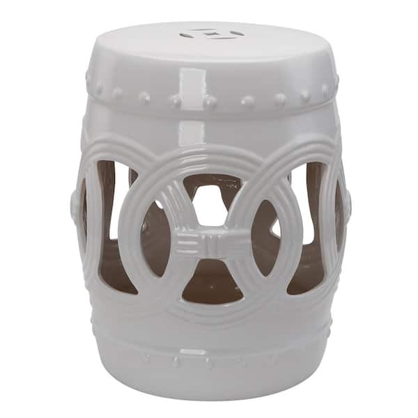 Sudzendf 13.5 in. x 17.25 in. White Ceramic Garden Stool with Double-Coin Knotted Ring Design, Decorative End Table