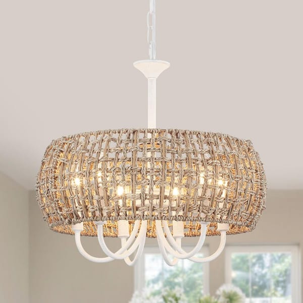18 in. 6-Light White and Brown Natural Rattan Bohemian Drum Chandelier Farmhouse Pendant Light